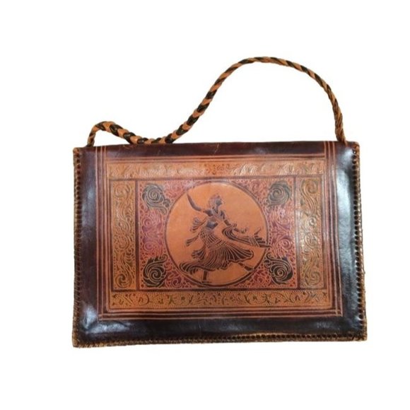 Exotic Dancer River Scene Etched Leather Ethnic Handmade Vintage Handbag Bag - Picture 5 of 6